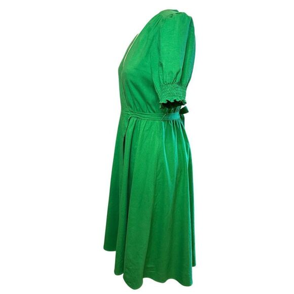 Alex Marie Womens 6 Kelly Green Midi Wrap Dress Short Puff Sleeves Linen Blend - Picture 3 of 10